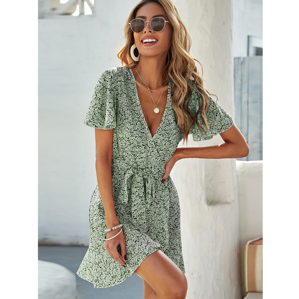 Floral Print Wrap V-Neck Mini Dress